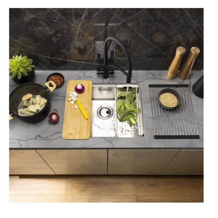 System Sync Single Bowl Kitchen Sink with Accessory Trio - Stainless Steel