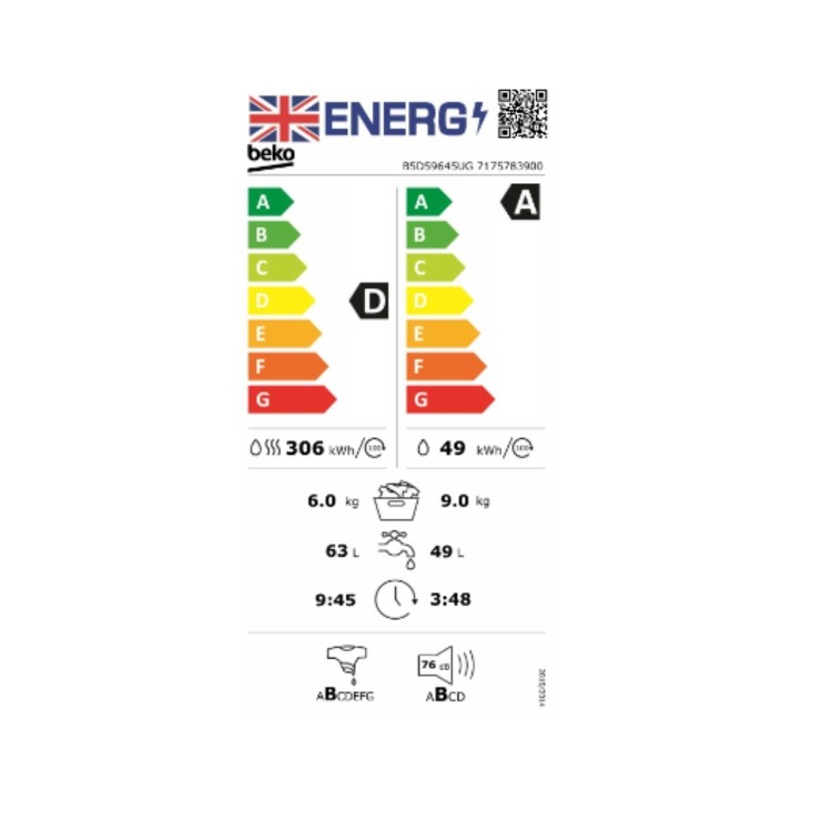 Beko 9kg Wash 6kg Dry 1400rpm Washer Dryer - Graphite
