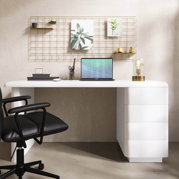 White Modern Wooden Office Desk with Drawers - Banks