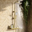 BBSHELFSH Brushed Brass 2 Outlet Push Button Thermostatic Mixer Shower Set with Hand Shower & Shelf - Mika