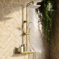 Brushed Brass Thermostatic Mixer Shower Set with Push Button & Shelf - Mika Brushed Brass Thermostatic Mixer Shower Set with Push Button & Shelf - Mika