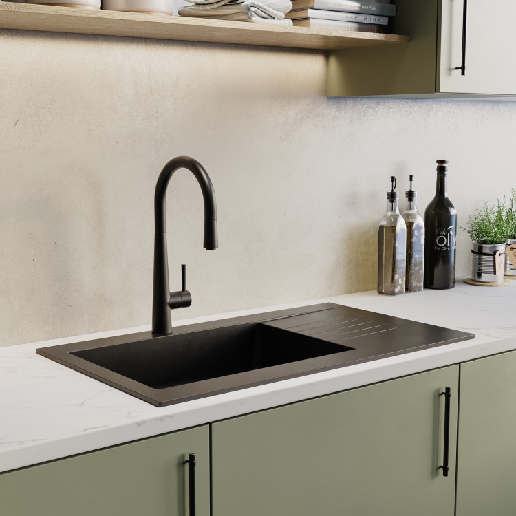 Single Bowl Inset Black Composite Kitchen Sink with Reversible Drainer - Essence Amelia