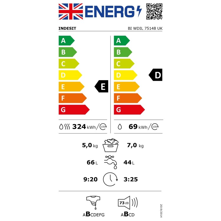 Refurbished Indesit Push&Go BIWDIL75148UK Integrated 7/5KG 1400 Spin Washer Dryer White