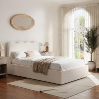 Cream Boucle Small Double Ottoman Bed with Scalloped Headboard - Boba