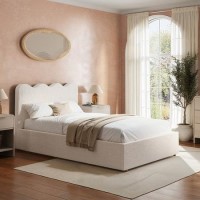 Cream Boucle Small Double Ottoman Bed with Scalloped Headboard - Boba Cream Boucle Small Double Ottoman Bed with Scalloped Headboard - Boba