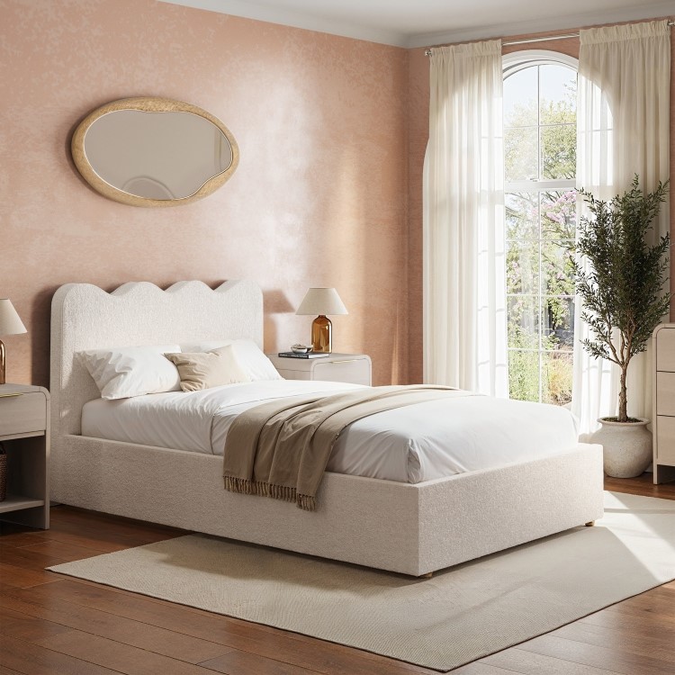 Cream Boucle Small Double Ottoman Bed with Scalloped Headboard - Boba