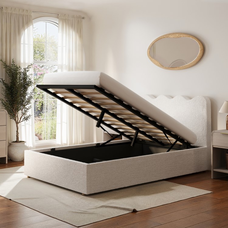 Cream Boucle Small Double Ottoman Bed with Scalloped Headboard - Boba