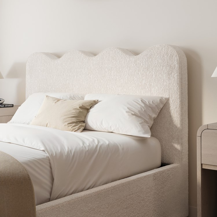 Cream Boucle Small Double Ottoman Bed with Scalloped Headboard - Boba