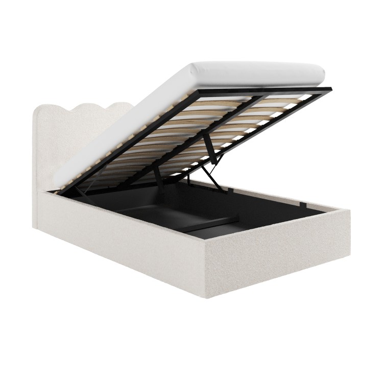 Cream Boucle Small Double Ottoman Bed with Scalloped Headboard - Boba