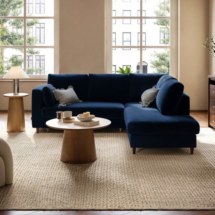 4 Seater Pull-Out Corner Sofa Bed with Storage in Navy Blue Velvet - Boe