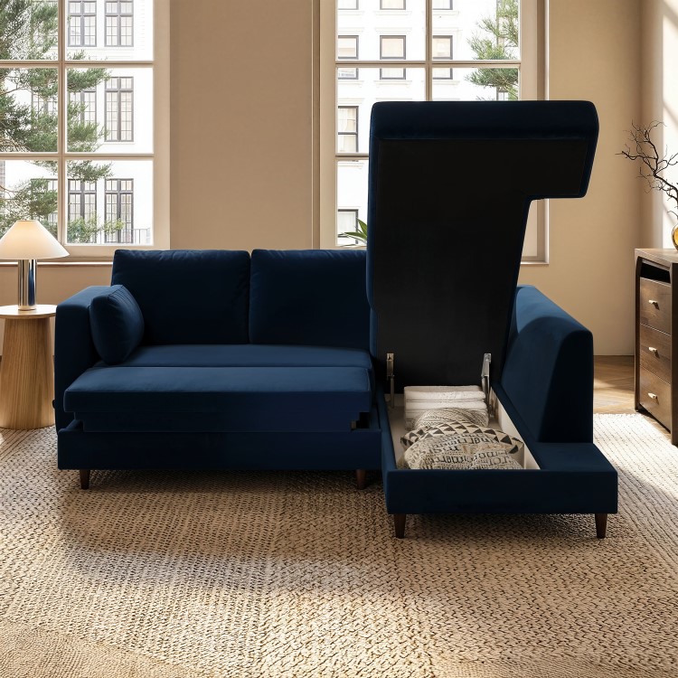 4 Seater Pull-Out Corner Sofa Bed with Storage in Navy Blue Velvet - Boe