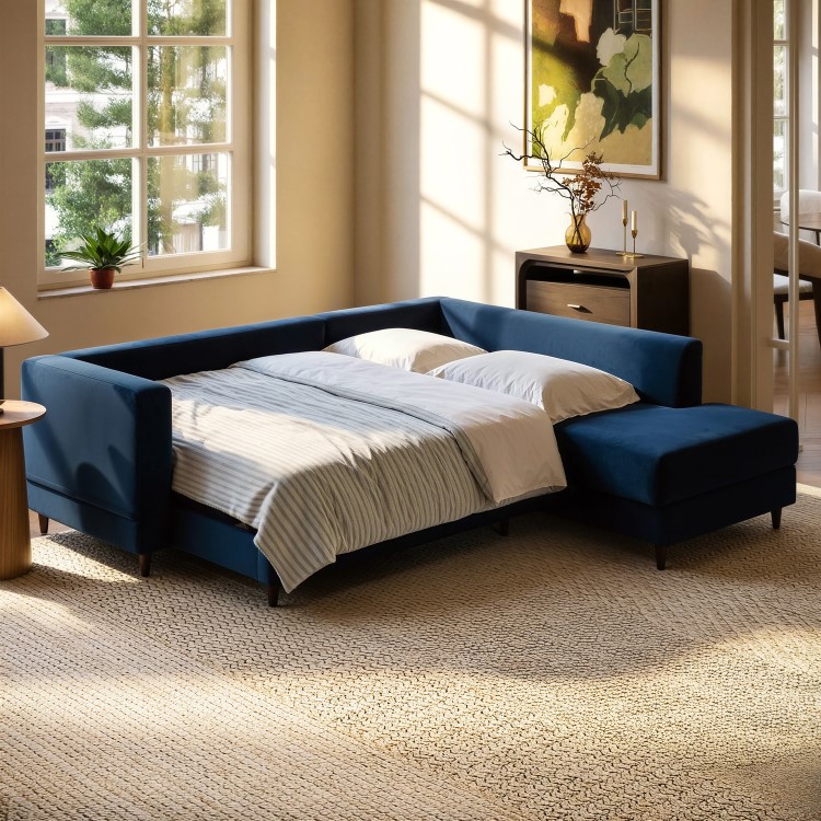 4 Seater Pull-Out Corner Sofa Bed with Storage in Navy Blue Velvet - Boe