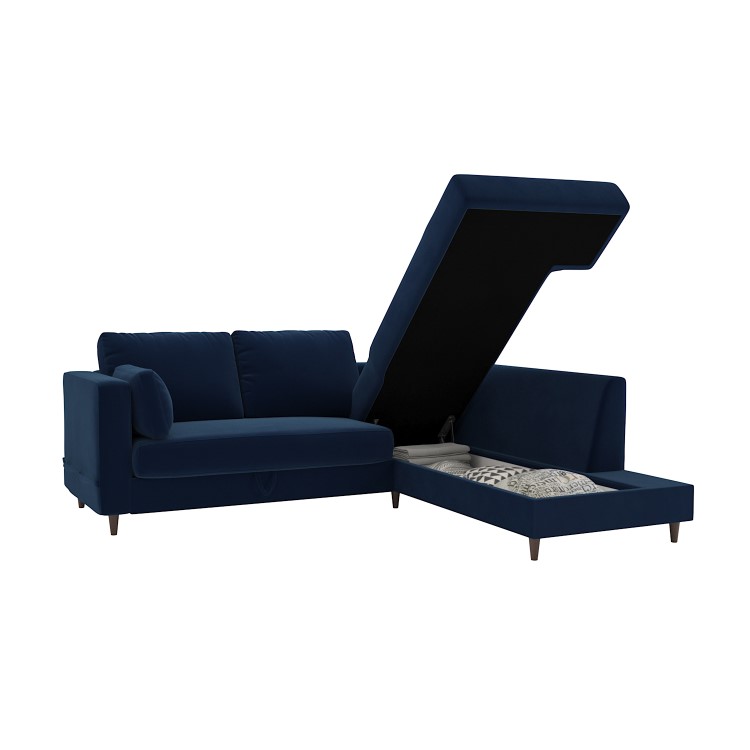 4 Seater Pull-Out Corner Sofa Bed with Storage in Navy Blue Velvet - Boe