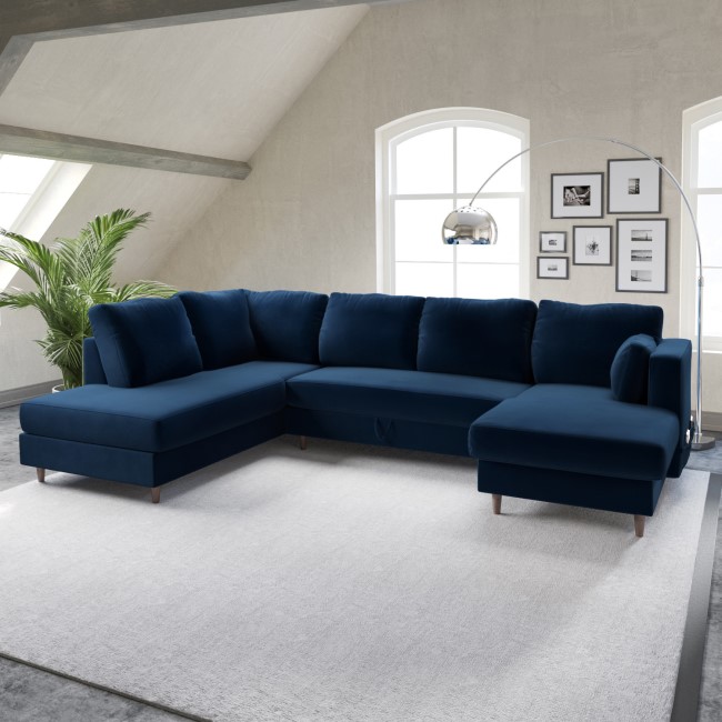 Navy Velvet U Shape Sofa Bed with Storage - Seats 6 - Boe
