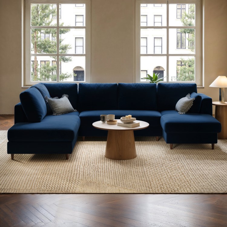 6 Seater Pull-Out U-Shape Sofa Bed with Storage in Navy Blue Velvet - Boe
