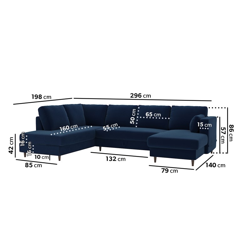 6 Seater Pull-Out U-Shape Sofa Bed with Storage in Navy Blue Velvet - Boe