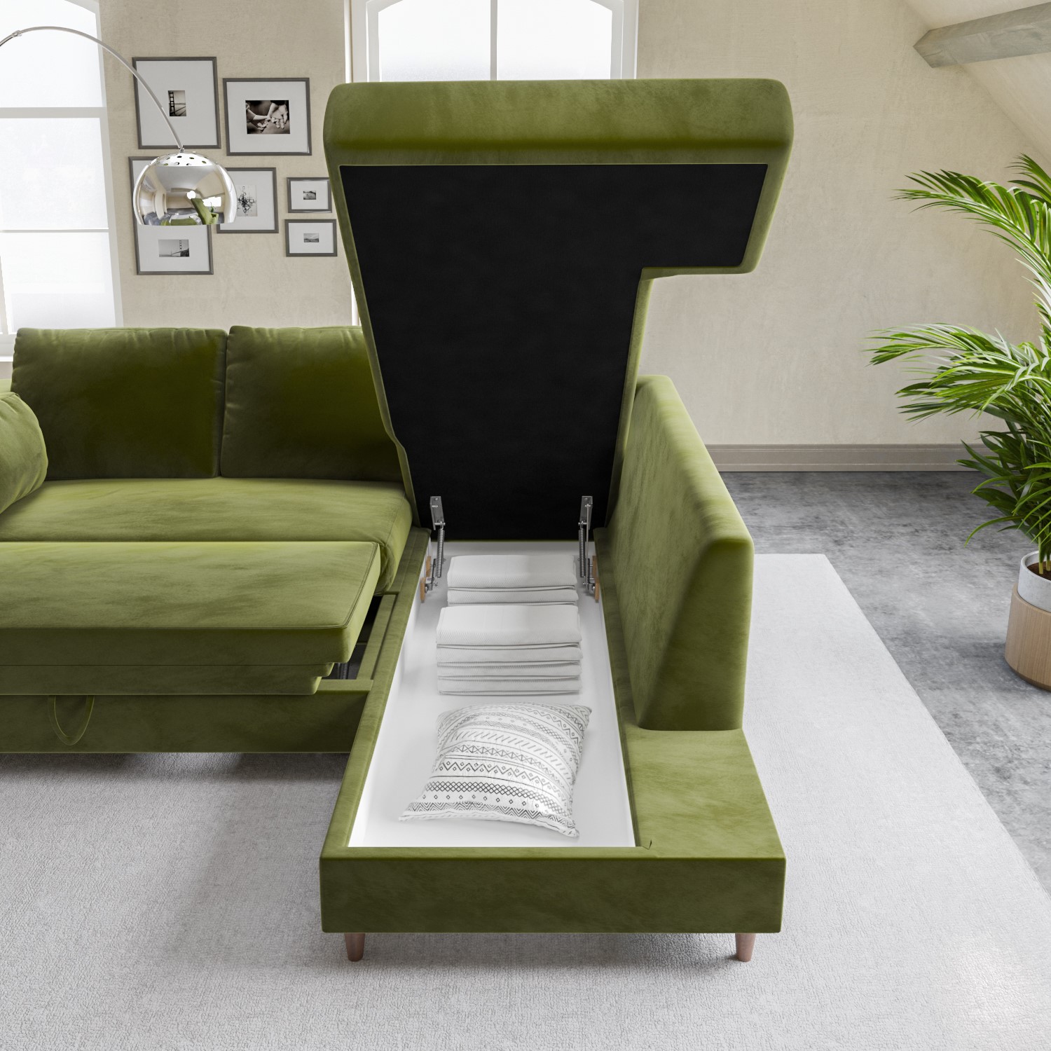 Olive Green Velvet L Shaped Sofa Bed with Storage Seats 4 Boe