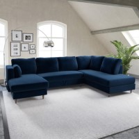 Navy Blue Velvet U-Shaped Right Hand Facing Sofa Bed with Storage - Seats 6 - Boe Navy Blue Velvet U-Shaped Right Hand Facing Sofa Bed with Storage - Seats 6 - Boe