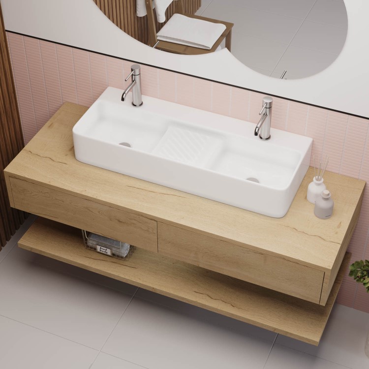 GRADE A1 - White Square Countertop Double Basin 800mm - Bowen