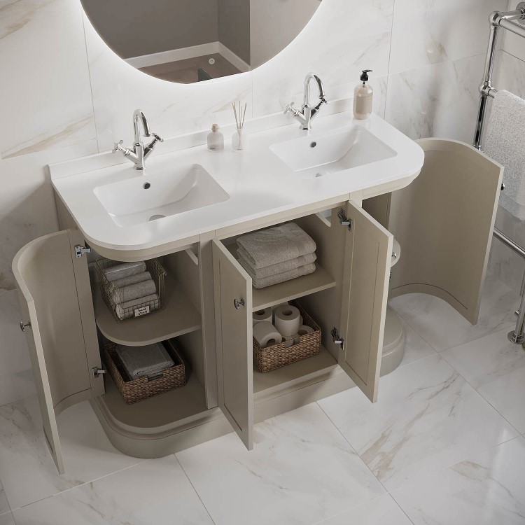 1200mm Beige Curved Freestanding Double Vanity Unit with Basins - Bowland