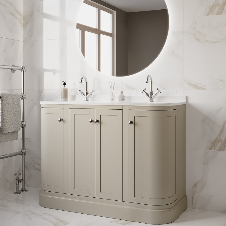1200mm Beige Curved Freestanding Double Vanity Unit with Basins - Bowland