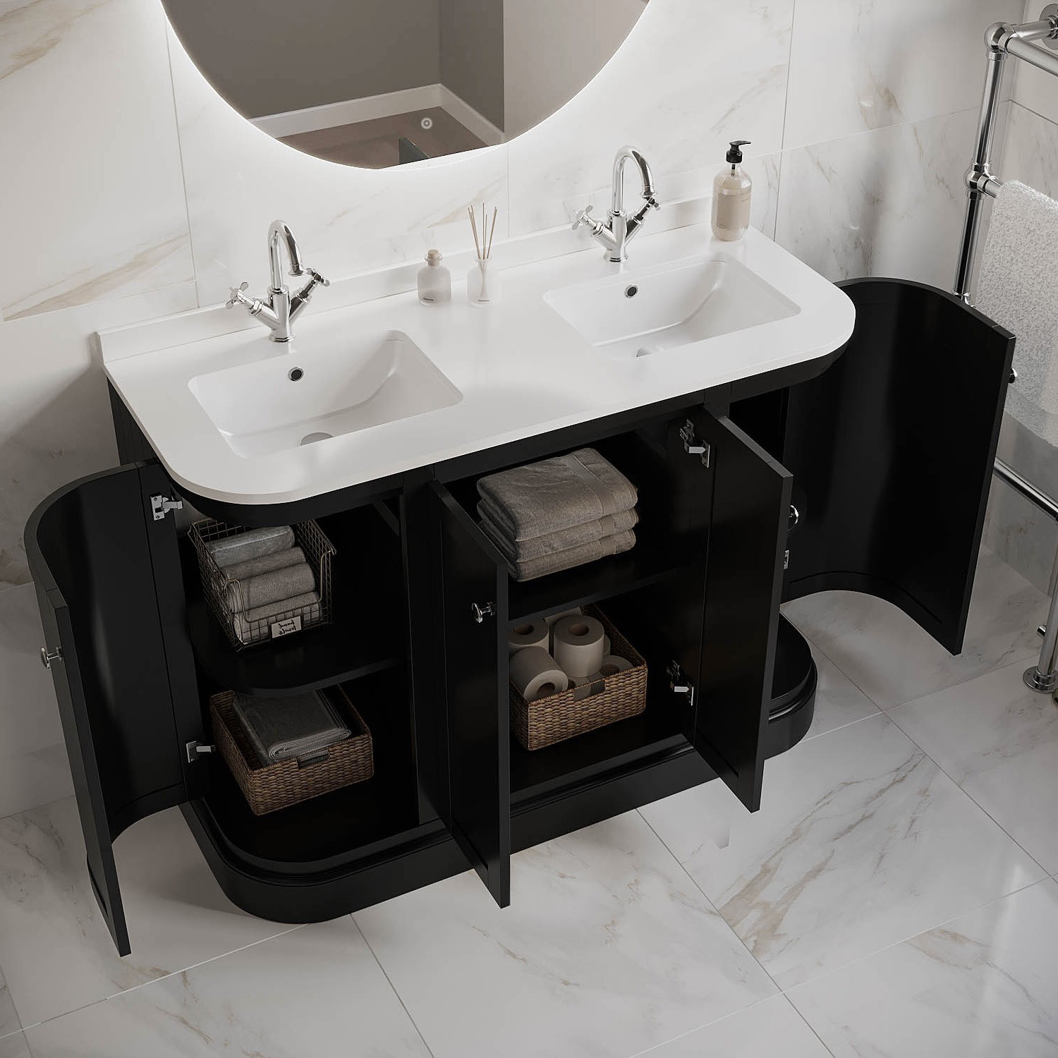 1200mm Black Curved Freestanding Double Vanity Unit with Basins ...