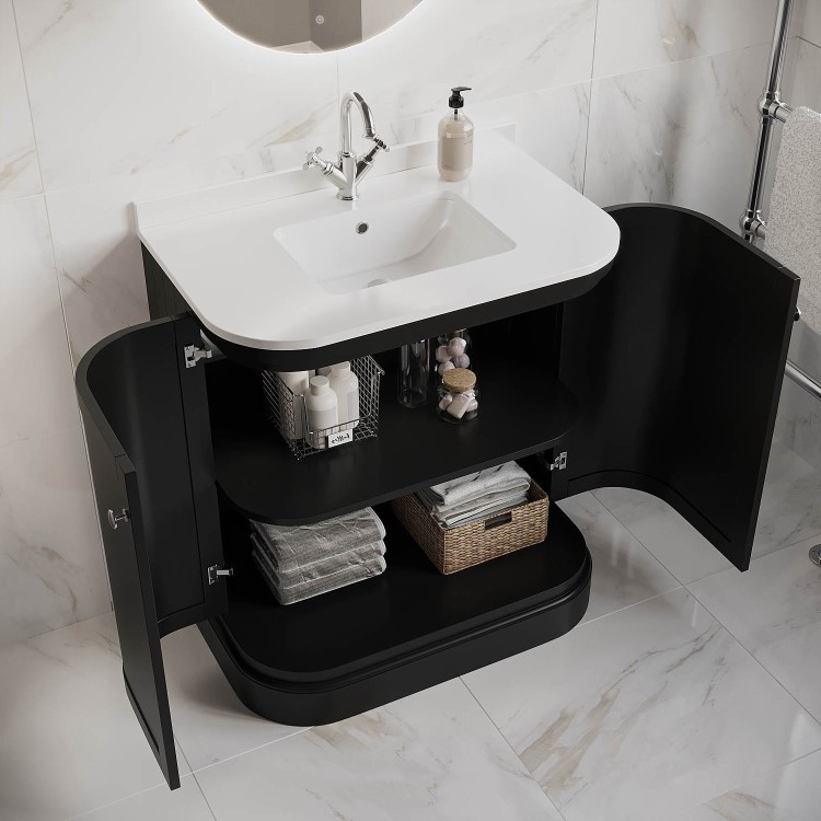 GRADE A1 - 800mm Black Curved Freestanding Vanity Unit with Basin - Bowland