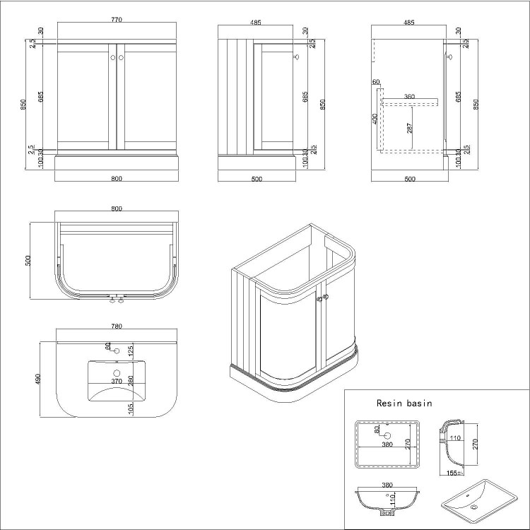 GRADE A1 - 800mm Black Curved Freestanding Vanity Unit with Basin - Bowland