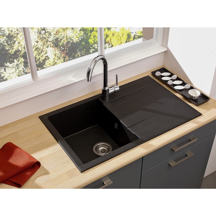 Rocklite Bredon Single Bowl Inset Black Composite Kitchen Sink with Reversible Drainer