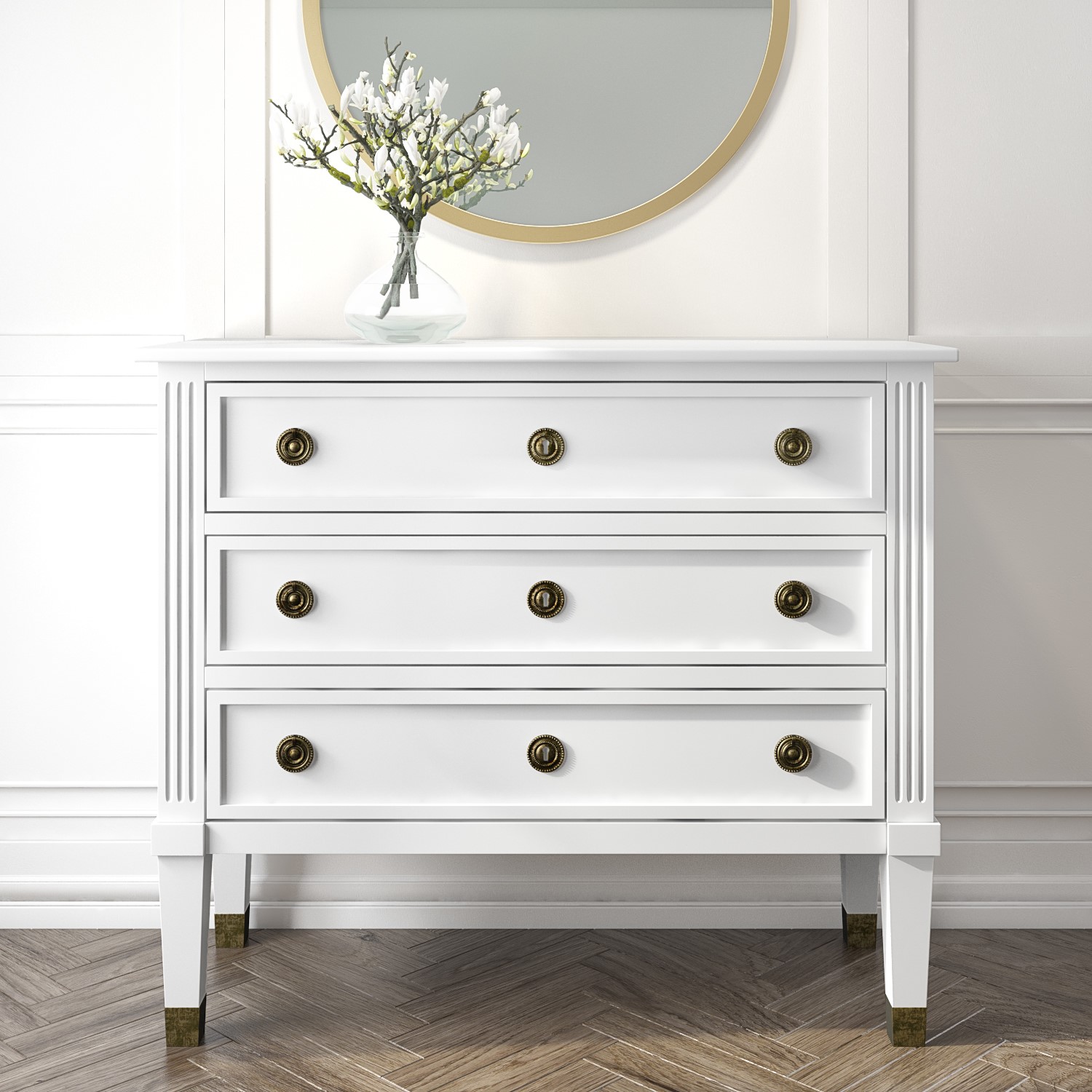 French Inspired 3 Drawer White Chest Of Drawers In Solid Wood