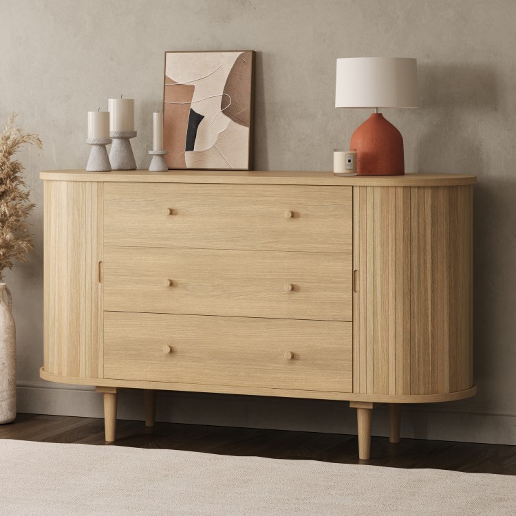Wide Oak Chest of 3 Drawers with Cupboards - Breuer