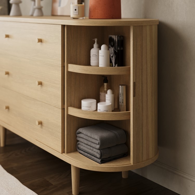 Wide Oak Chest of 3 Drawers with Cupboards - Breuer