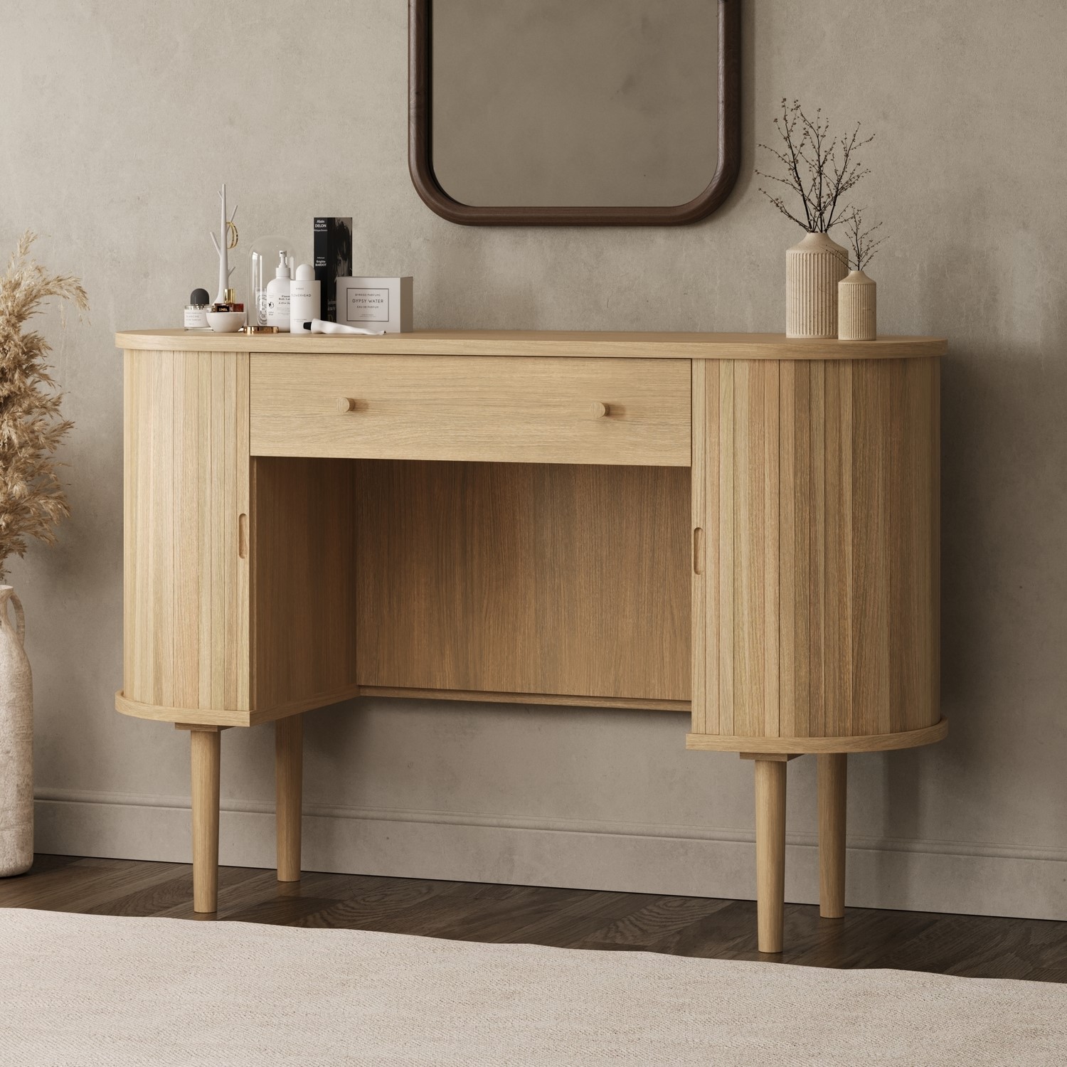 brown dressing table with drawers JASIWAY Coffee Brown Wooden Vanity Table with Side Cabinets Open Storage & Drawers Only Table without Mirror / Coffee Brown Color