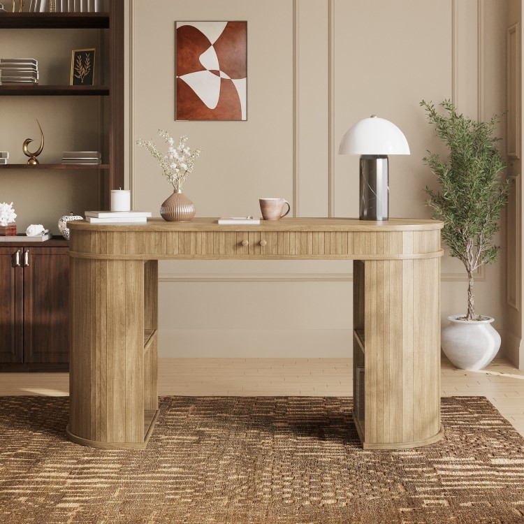 Oak Curved Office Desk with Sliding Doors - Breuer
