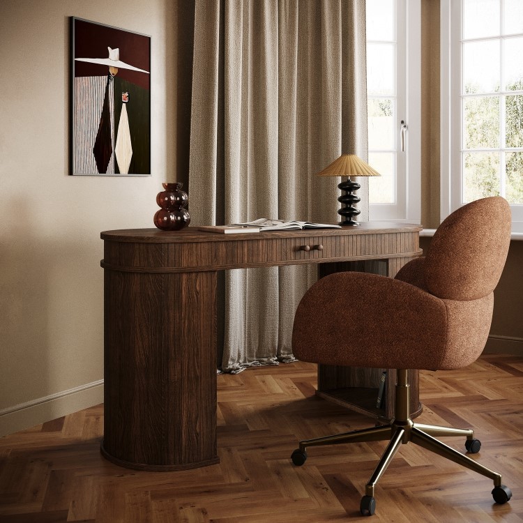Dark Oak Curved Office Desk with Sliding Doors - Breuer