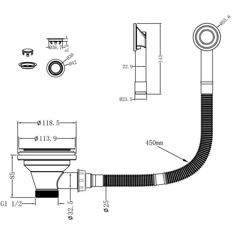 Copper Kitchen Sink Strainer Waste with round overflow - Enza