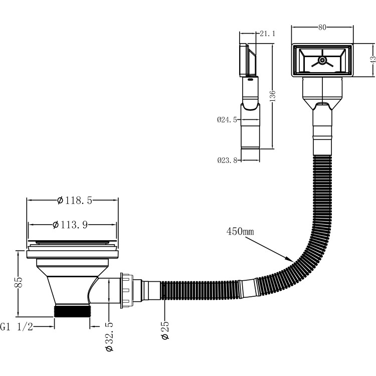 Black Kitchen Sink Strainer Waste with square overflow  - Enza