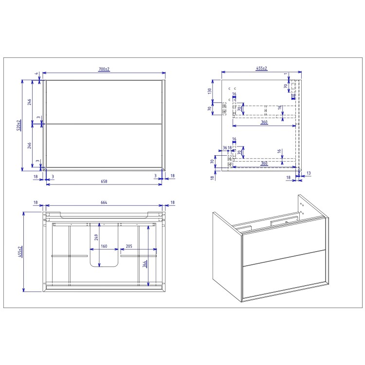 ONLY OPENED - 700mm Concrete Effect Wall Hung Vanity Unit with Basin - Arragon