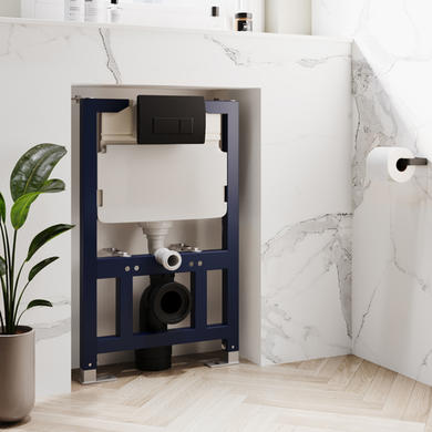 Wall Hung Rimless Toilet with Soft Close Seat, Black Pneumatic Flush Plate, 820mm Frame & Cistern – Roma