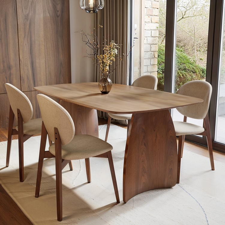 Set of 2 Beige Upholstered Dining Chairs with Dark Wood Legs - Leona