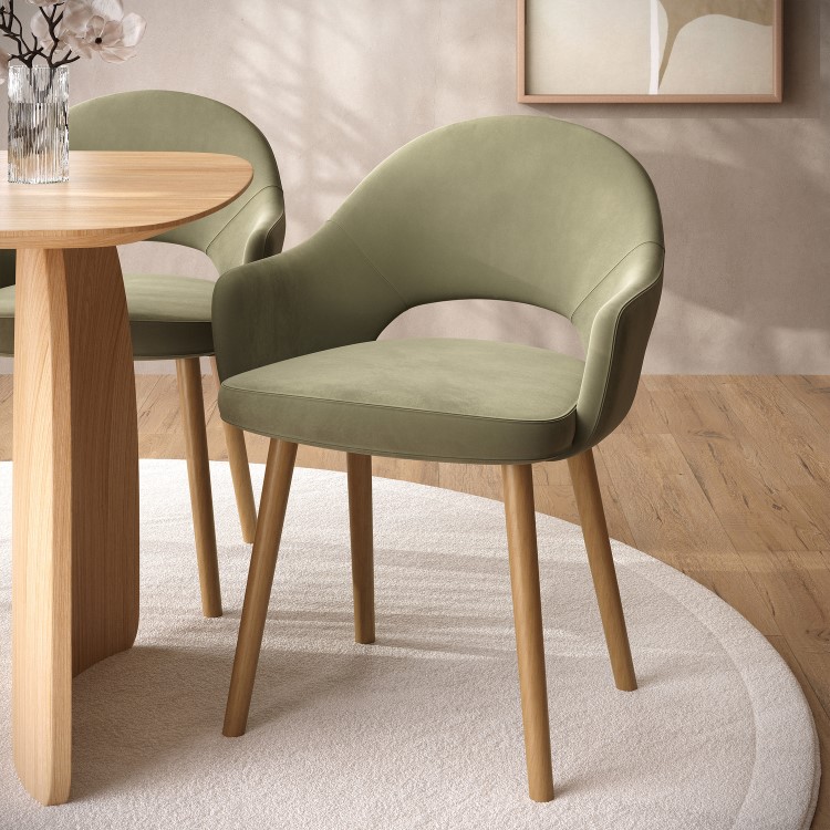 Set of 2 Sage Green Velvet Dining Chairs with Oak Legs - Colbie