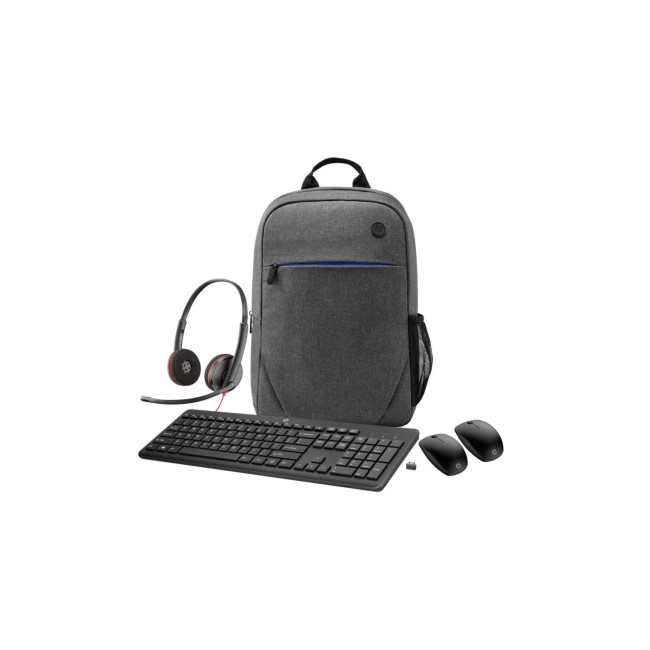 HP 235 Wireless Mouse and Keyboard Combo with HP Prelude G2 15.6 Inch Backpack Laptop Bag and Poly C3220 Double Sided On-ear Stereo USB with Microphone Headset and HP 235 Slim Wireless Mouse Black