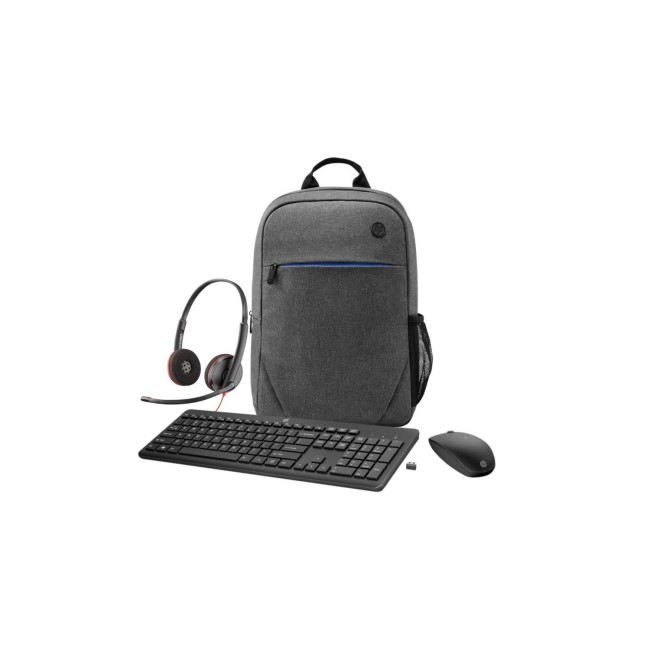 HP 235 Wireless Mouse and Keyboard Combo with HP Prelude G2 15.6 Inch Backpack Laptop Bag Grey and Poly Blackwire C3220 Double Sided On-ear Stereo USB with Microphone Headset