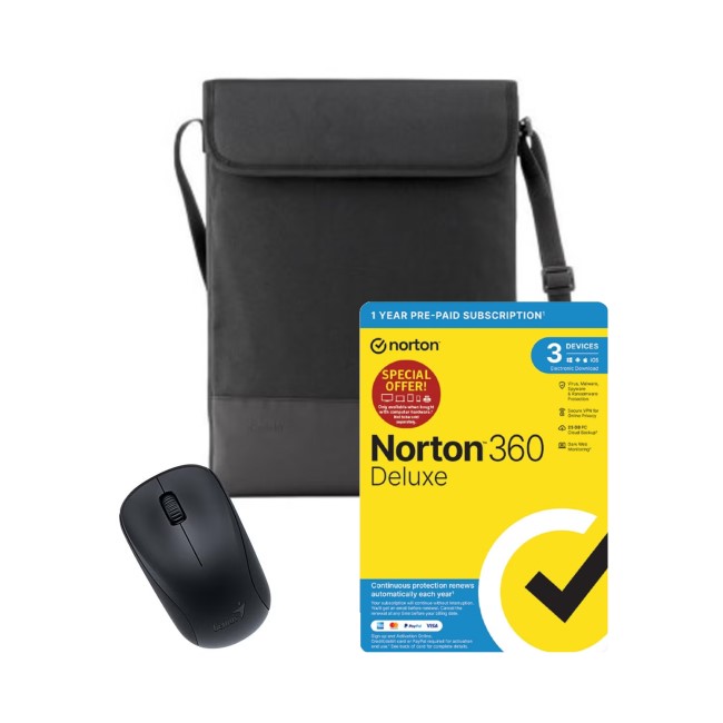 Norton 360 Deluxe with Genius NX-7000 Wireless Mouse and Belkin 11-13 Inch Laptop Sleeve with Shoulder Strap