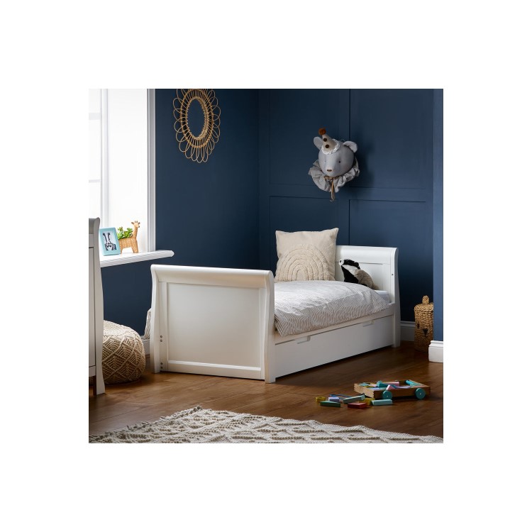 Stamford White Sleigh Toddler Bed with Drawer - Obaby