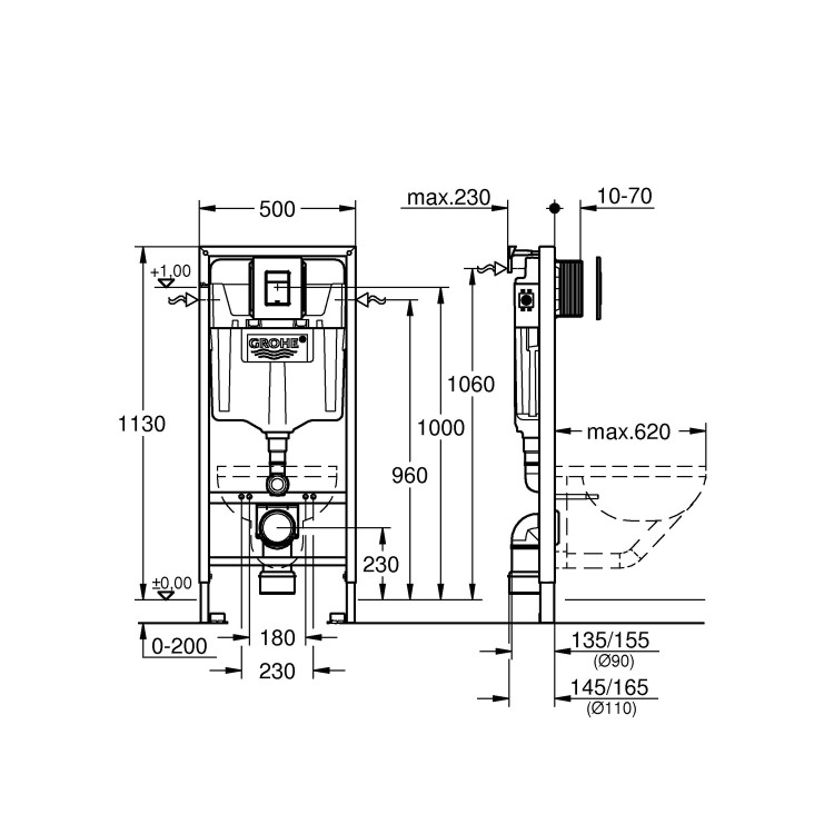 GRADE A1 - Grohe Solido 1.13m 3-in-1 Set Support Frame for Wall Hung WC with Black Flush Plate