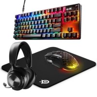 Bundle of SteelSeries Arctis Nova Pro Gaming Headset with Apex Pro Mini RGB Gaming Keyboard, Aerox 5 RGB Gaming Mouse and QcK Mouse Pad