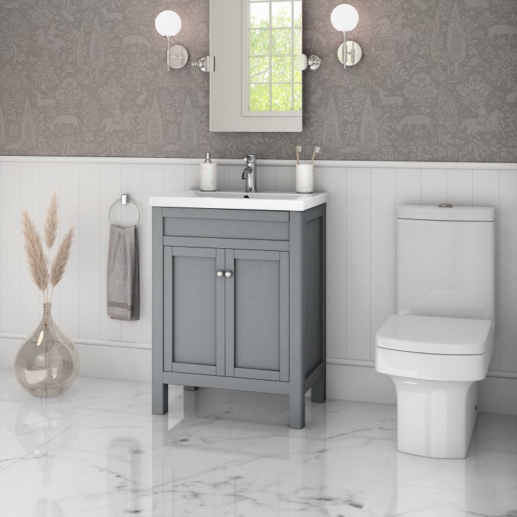 GRADE A1 - 600mm Grey Freestanding Vanity Unit with Sink - Avebury