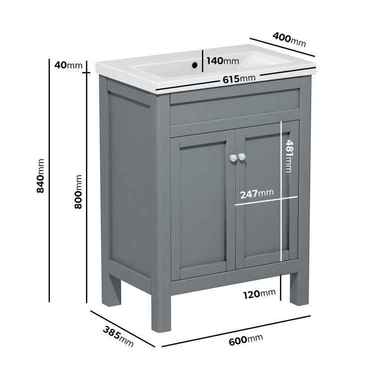 GRADE A1 - 600mm Grey Freestanding Vanity Unit with Sink - Avebury