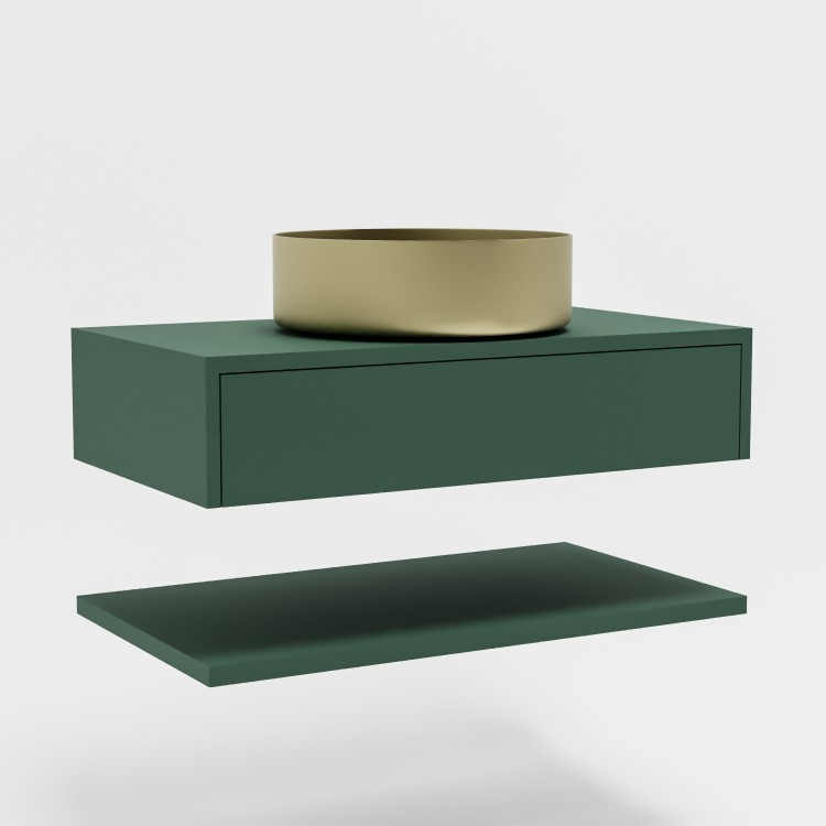 800mm Green Wall Hung Countertop Vanity Unit with Brass Basin and Shelf - Lugo
